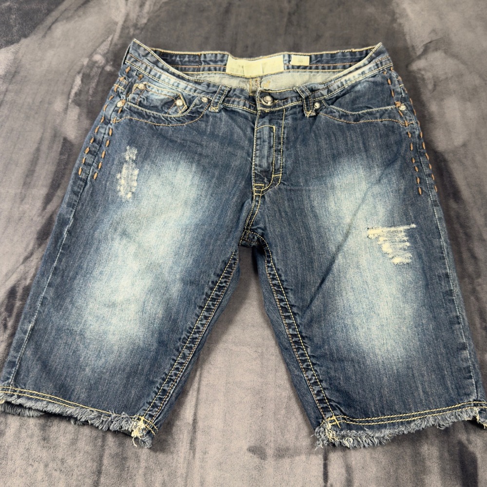 Eight‎ Rise Denim Shorts Mens 38 Blue Distressed Raw Hem Flap Pocket Y2K